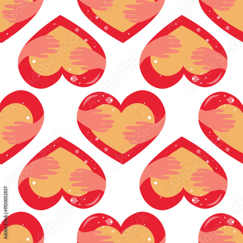 Embracing Hands Heart Seamless Pattern, Warm Valentine Tile. Hug Heart Repeat Pattern, Cozy Giftwrap and Card Print. Heart Embrace Pattern, Tender Seamless Background