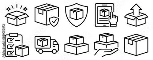 Box delivery solid mix style icon set for shipping logistics delivery tracking and warehouse packaging