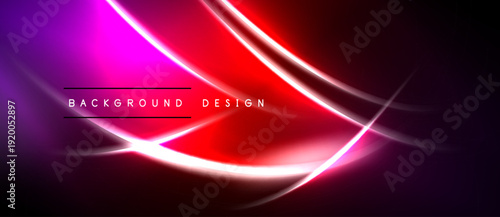 Abstract neon lines create vibrant red, purple glow. Dark background emphasizes bright curves, text reads background design.
