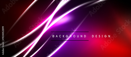 Abstract neon lines create dynamic gradient. Dark background emphasizes bright purple, red hues. Modern design element.