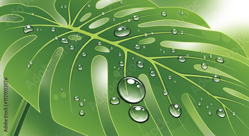 Monstera leaf with water droplets fresh green foliage natural beauty and freshness concept isolated on white background