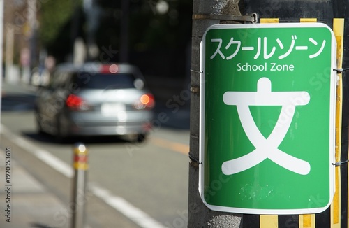 Bright Green School Zone Sign on a Utility Pole with a Blurred Car in the Background