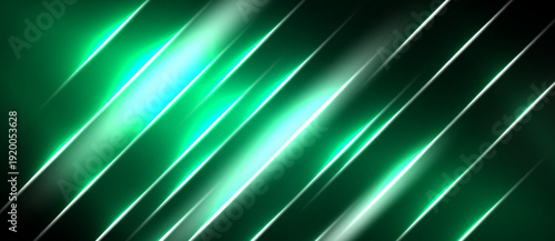 Abstract green lines create dynamic diagonal pattern. Bright glow emanates from central area, suggesting energy or movement. Dark background enhances contrast.