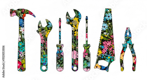 Vibrant floral tools spell 'think' colorful abstract typography with hammer wrench pliers on white background for creative concepts