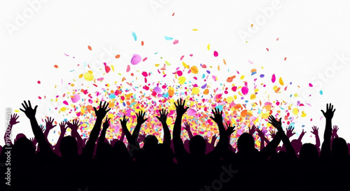 Silhouettes of people celebrating with colorful confetti in the air joyful crowd with raised hands