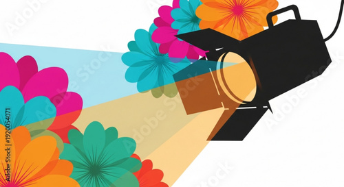 Vibrant stage spotlight shining on colorful flowers bright spotlight beam artistic floral arrangement performance ambiance