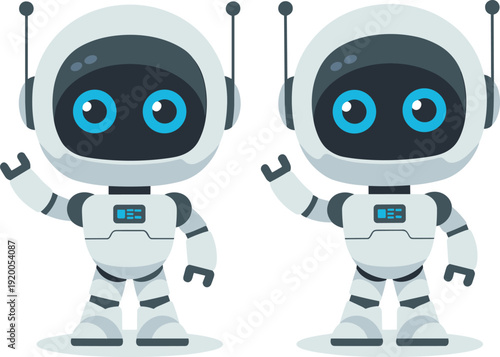 Two cute friendly robot characters waving hands with blue eyes and white armor representing artificial intelligence, futuristic technology, automation, bot assistance, and innovation.