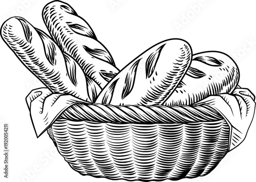 Foto Vintage woodcut style drawing of a basket filled with artisan bread loaves
