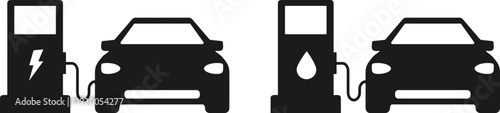Vector icon set featuring electric car charging at a station and gasoline vehicle refueling at a fuel pump representing energy and transportation.
