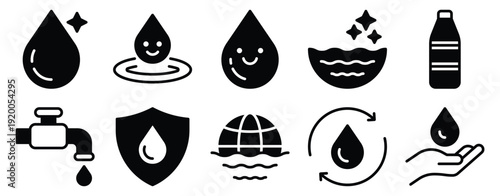 Water sustainability solid mix style icon set for clean water recycling conservation and hygiene utilities