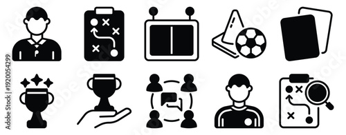 Sports coaching solid mix style icon set for tactics training referee tools scoring and team planning
