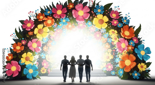 Silhouettes of three people walking through colorful floral archway with vibrant flowers and leaves on white background