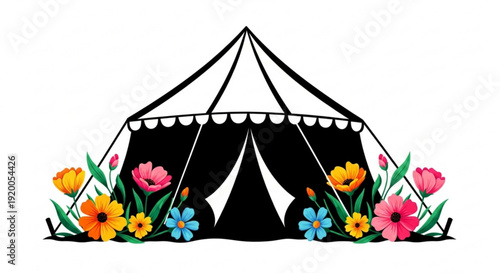 Vibrant colorful flowers surround a whimsical black and white circus tent with scalloped trim and pointed roof top