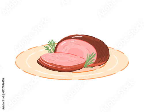 Easter ham plate illustration. Traditional roast pork dish served at Easter dinner. Special Easter celebration food. Festival, event, party, dish. Flat style design, outline, crayon. White background.