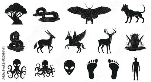 Collection of mythical creatures and symbols in silhouette.
