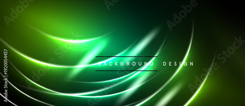 Abstract green neon lines over dark background. Smooth curves create dynamic visual effect. Modern design element.