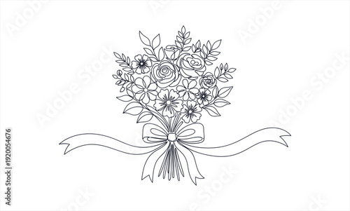Elegant Floral Bouquet with Ribbon Line Art Drawing.