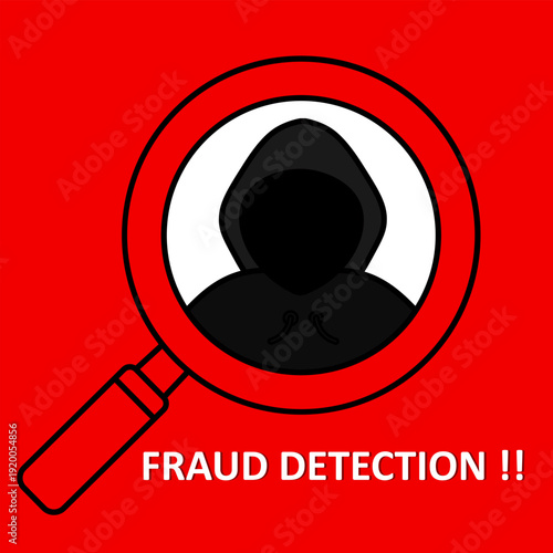 Fraud detection concept with anonymous hacker under magnifying glass, representing cyber attack, hacker attack and digital threat analysis.
