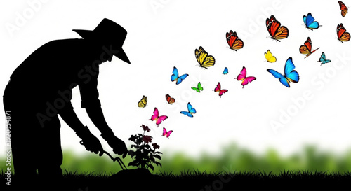 Silhouette of a person planting a sapling with colorful butterflies emerging symbolizing growth and nature's beauty in a serene outdoor setting