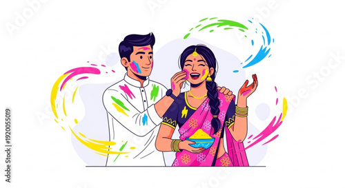 Couple celebrating Holi festival with colorful powder traditional Indian attire and joyful expressions vector illustration for festive events