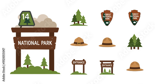 National Park Entrance Sign, Ranger Hat, Trees & Emblem Icons Set