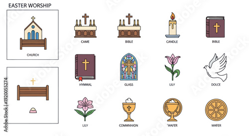 Easter Worship Icons: Chapel, Bible, Cross, Candle, Lily, Dove, Communion