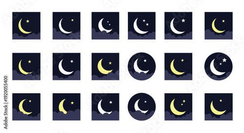 Collection of moon and stars icons on dark night sky background