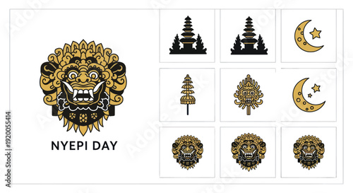 Balinese Nyepi Day Symbol Collection: Barong Mask, Temples, Moon & Star Icons