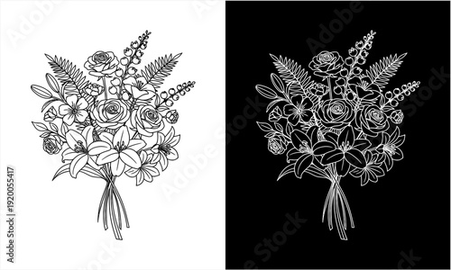 Elegant Hand-Drawn Floral Bouquet Illustration in Black and White.