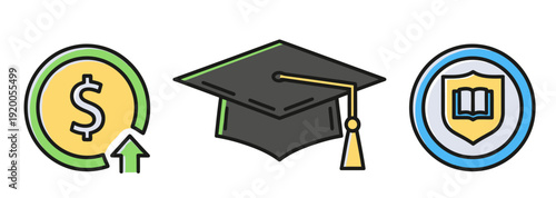 Icons representing financial growth, academic achievement, and knowledge protection through education.