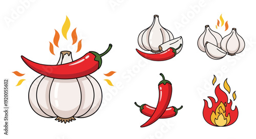 Spicy Garlic and Chili Peppers with Fire Elements, Cartoon Style