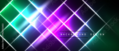 Vibrant neon grid pattern. Diagonal lines intersect creating bright light effects. Dark background enhances colorful glow.