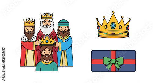 Three Wise Men and Crown, Gift Box Icons - Nativity Scene, Christmas, Epiphany