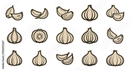Garlic Collection Icons: Whole Bulbs, Cloves, and Sliced Halves - Hand Drawn Style