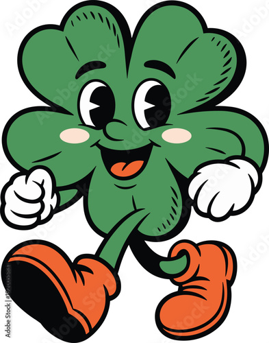 Vintage Retro Lucky Four Leaf Clover Mascot, Hose Style Vector Illustration of a Walking Shamrock Character with Orange Boots and White Gloves