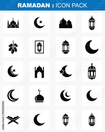 Wallpaper Mural A set of black and white icons representing Ramadan, including mosques, crescent moons, lanterns, and other Islamic symbols, on transparent background Torontodigital.ca