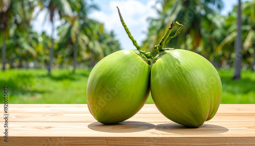 Two fresh green coconuts on a wooden table with a beautiful blurred tropical palm grove background. A perfect symbol of healthy, organic hydration.