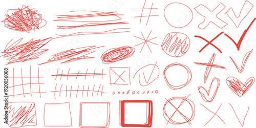  collection of red hand-drawn doodles and marks, frequently used for marking documents or exams. 