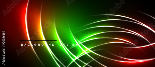Vibrant neon lines curve across dark background. Green, red, white colors blend creating dynamic visual effect. Modern design element.