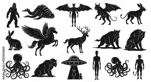 Collection of Mythical Creatures and Cryptids Silhouettes.
