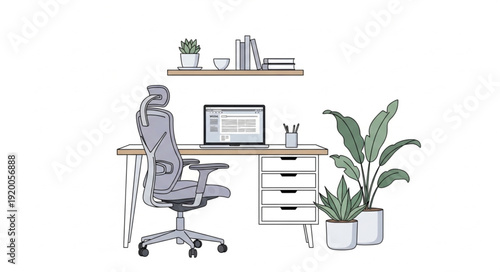 Modern Home Office Desk Setup with Laptop and Plants.
