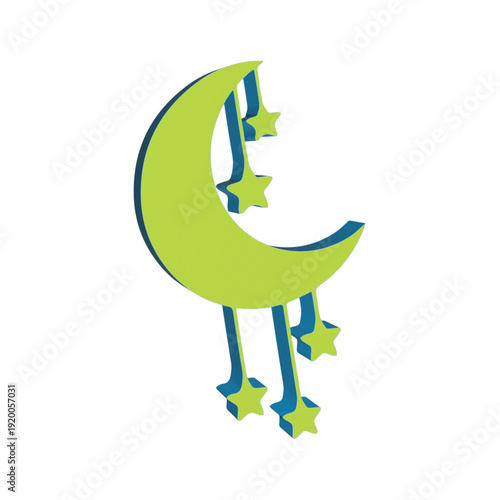 Whimsical green crescent moon with stars for dreamland design