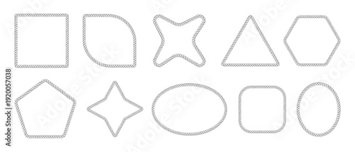 Rope brush frame borders in square and round shape vector illustration set. Nautical vector design with braided rope patterns, perfect for marine-themed decorations and vintage sailor graphics.