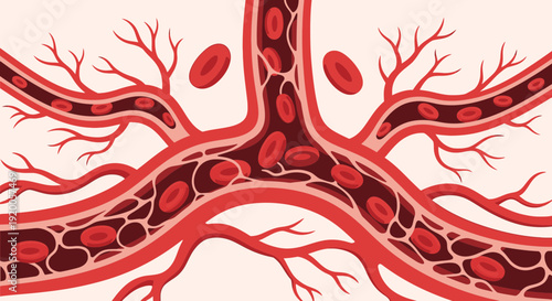 Red blood cells flowing through a network of blood vessels.