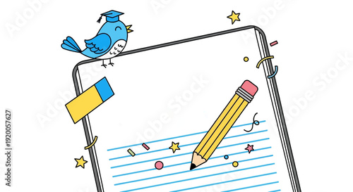 A cheerful bird with a graduation cap on a notebook, featuring a pencil and eraser, symbolizing education and learning.