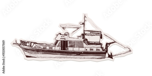 Trendy Sticker sea boat retro style on transparent background. Isolated vector element with dotted halftone texture, mimicking cut-out collage from old newspaper. Nostalgic Vintage Pop Art aesthetic.