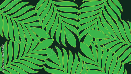 Seamless pattern of vibrant green tropical palm leaves on a dark background for botanical designs