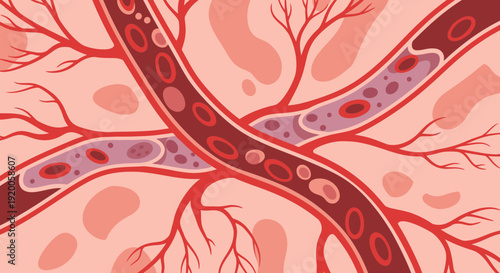 Illustration of blood vessels with red blood cells and capillaries.