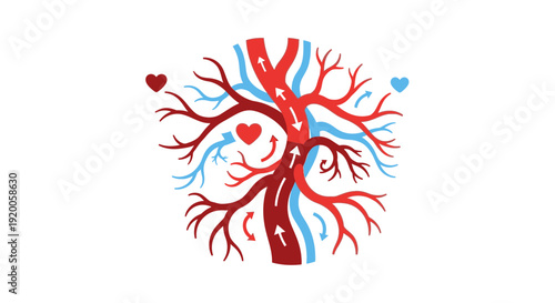 Stylized anatomical heart illustration with branching vessels and hearts.