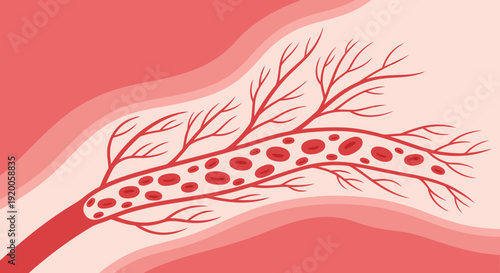 Illustration of Blood Vessel with Red Blood Cells and Branches.